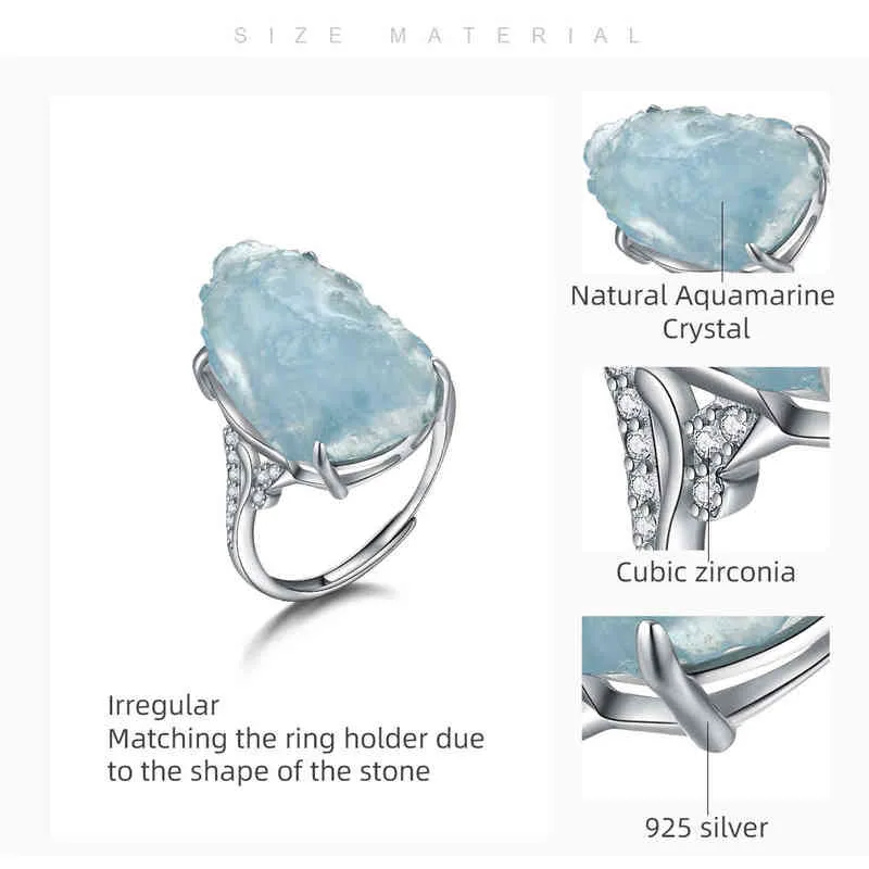 Natural Blue Aquamarine Stone Ring 925 Sterling Silver Gemstone Rings for Women Open Adjustable Size Handmade Fine Jewelry 2202092496712