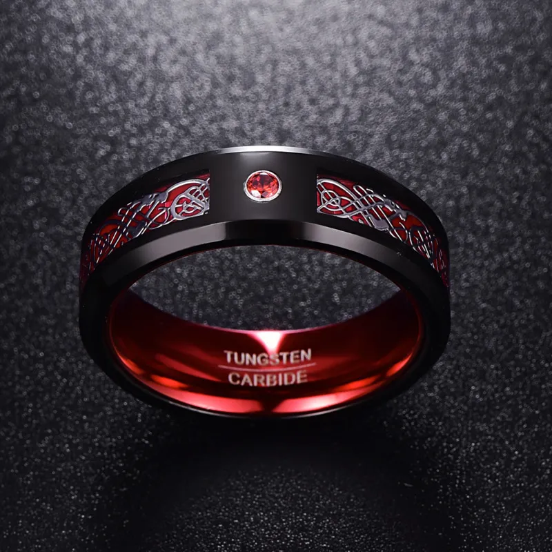 Anel masculino de zircônia vermelha, aliança de casamento de carboneto de tungstênio puro, anel para homens com cor prateada, padrão de dragão 201006318h