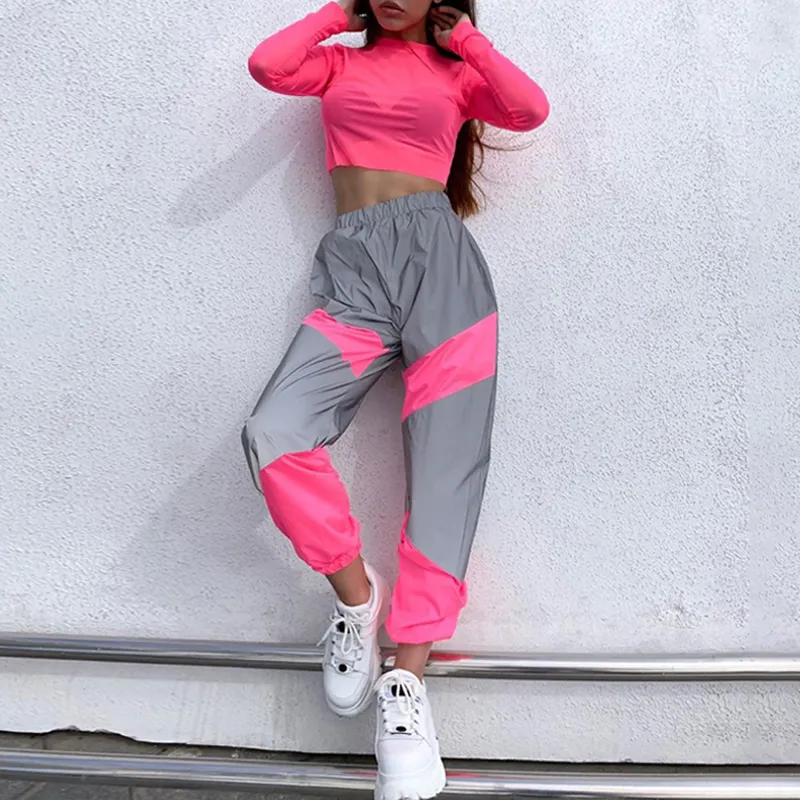 OMSJ Autumn Winter Loose Hight Waist Flash Reflective Patchwork Jogger Pants Women Neon Streetwear Outfits Cargo Trousers 201104