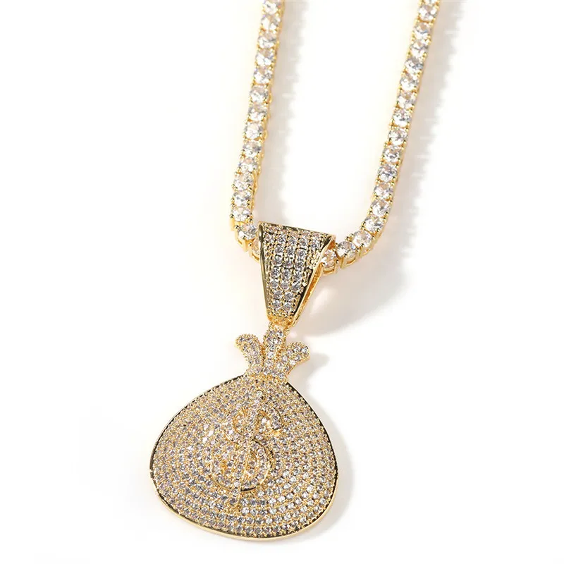 Iced Out сумка в долларах США знак кошелек кулон ожерелье золото посеребренные мужские блестящие ювелирные изделия Gift240L