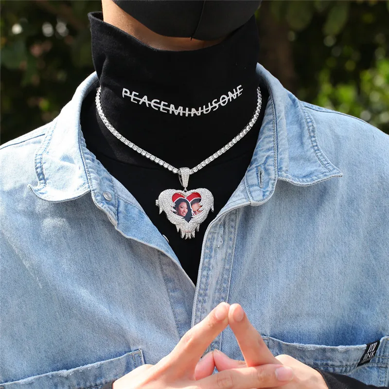 Hip Hop Iced Out Liebe Form Flip Custom Po Anhänger Persönlichkeit Kreativität DIY Halskette mit Seil Chain192f