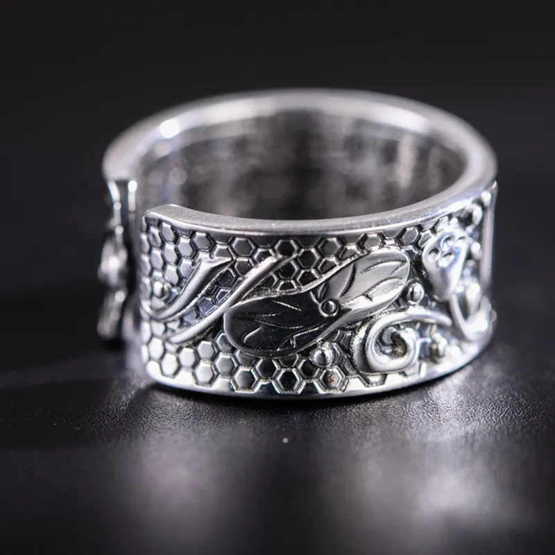 Garanterad 925 Silver Rings Men Women Lotus Heart Sutra Buddha Rings Buddhism Jewellery Resizable Bague Argent Y01227354085