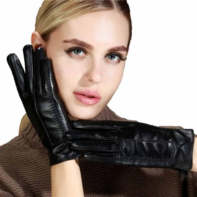 Winter Genuine Leather Women Gloves Touch Screen Sheepskin Thermal Linning Black Warm Mitten Full Finger Driving Hand Gloves2289