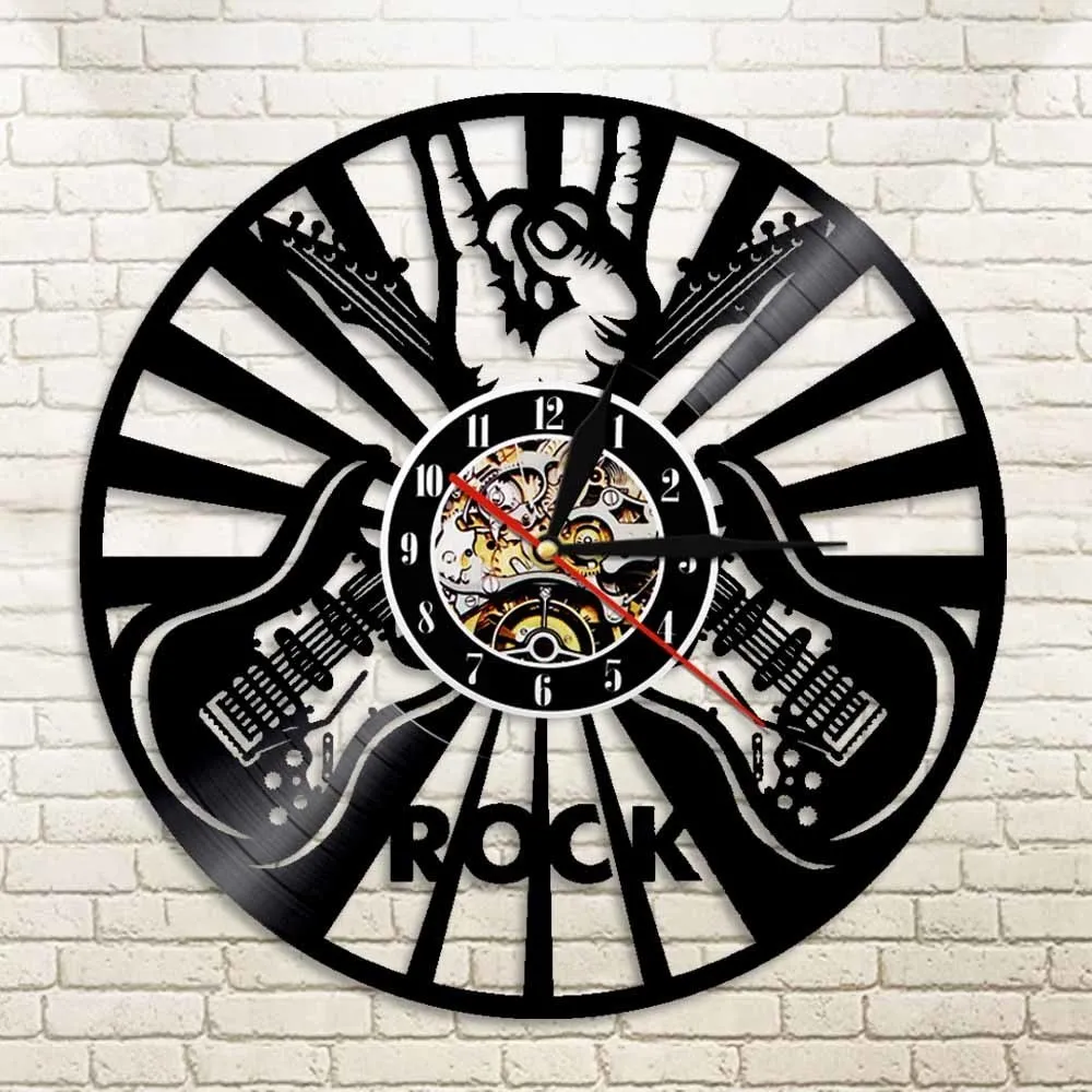 Signe de la main Rock Wall Art Horloge murale Salle de musique Décoration murale Disque vinyle Horloge Rock Music Lover Joueurs de guitare Cadeau Ornement de guitare LJ201210