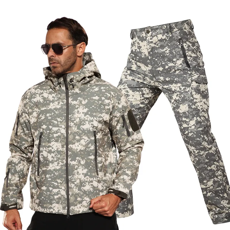 Outdoor Tactical Military Jacket Men TAD Softshell Fleece Camouflage Waterproof Jacket + Pants Camping Hiking Hunting Sport Suit 220406