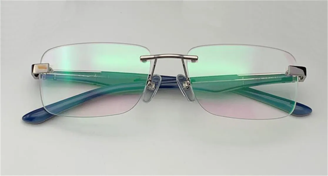mode recept glasögon är artis i rimless ram stora ben optiska glasögon transparent lins enkel affärsstil för män3111