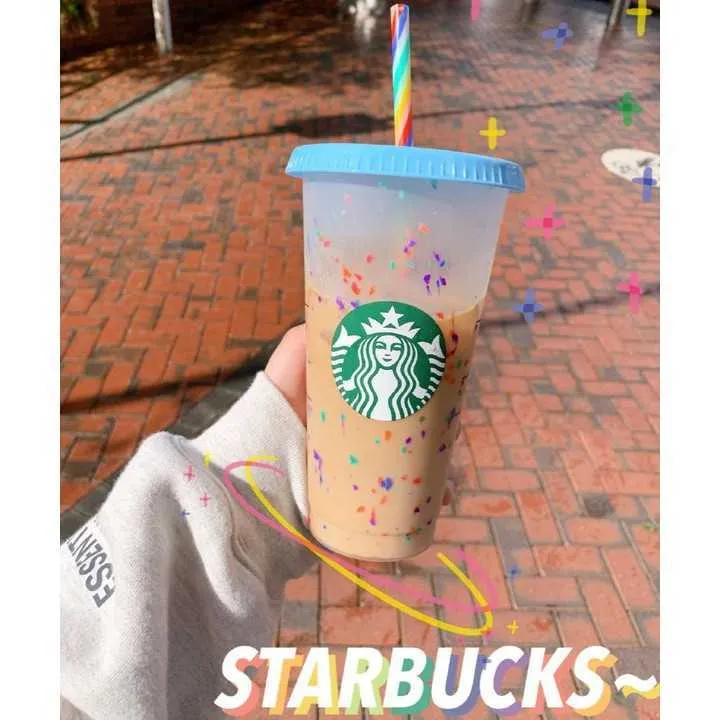 Copo Starbucks Copo de confete que muda de cor, canudo reutilizável, copo de plástico com canudo, fl oz ml