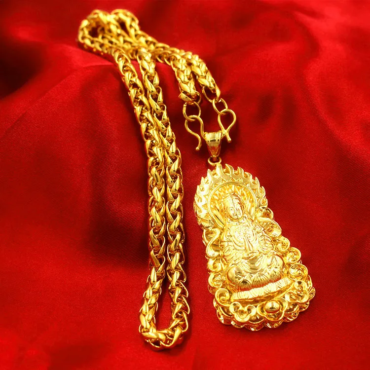 Exaggerated Long Chains 24K Gold Wide Necklace for Men Jewelry Big Gold Necklace Buddha Chinese Dragon Totem Necklace for Men Y1220