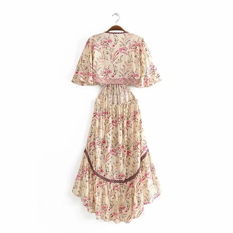 Vintage chic mujer estampado floral manga corta rayón vestidos bohemios señoras cuello en V borla verano Boho plisado Maxi vestido vestidos Y282d