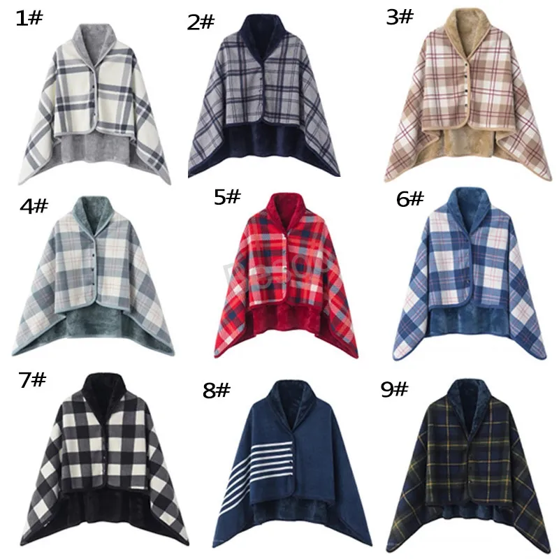 100*140cm Wearable Shawl Blankets Soft Polar Fleece Nap Keep Warm Blanket Apron Button Closure Grid Stripe Lattice Shawls BH5613 WLY