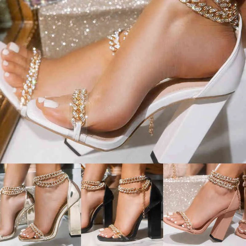 Sandals Gold-Tone Chain Embellished Ankle Strap High Heel for Women Fashion Open Toe Chunky Party Dress Pumps Summer New Arrival 220121