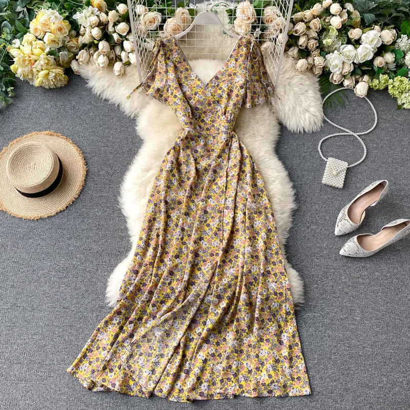 SingleRain zomer vrouwen bloemen maxi jurk bohemian elegante chiffon bloem romantische jurken vintage gesplitste lange print strand sundress t200604