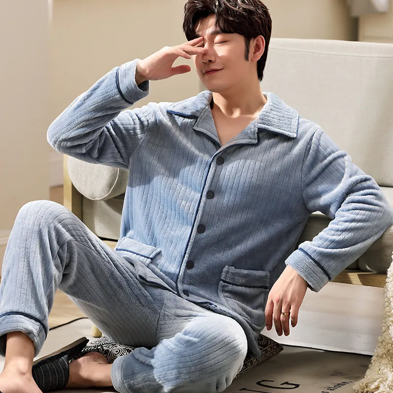 Vêtements de nuit pour hommes est hiver épaissir chaud flanelle pyjamas ensembles mâle à manches longues grande taille Homewear décontracté pyjama Pijama 221007