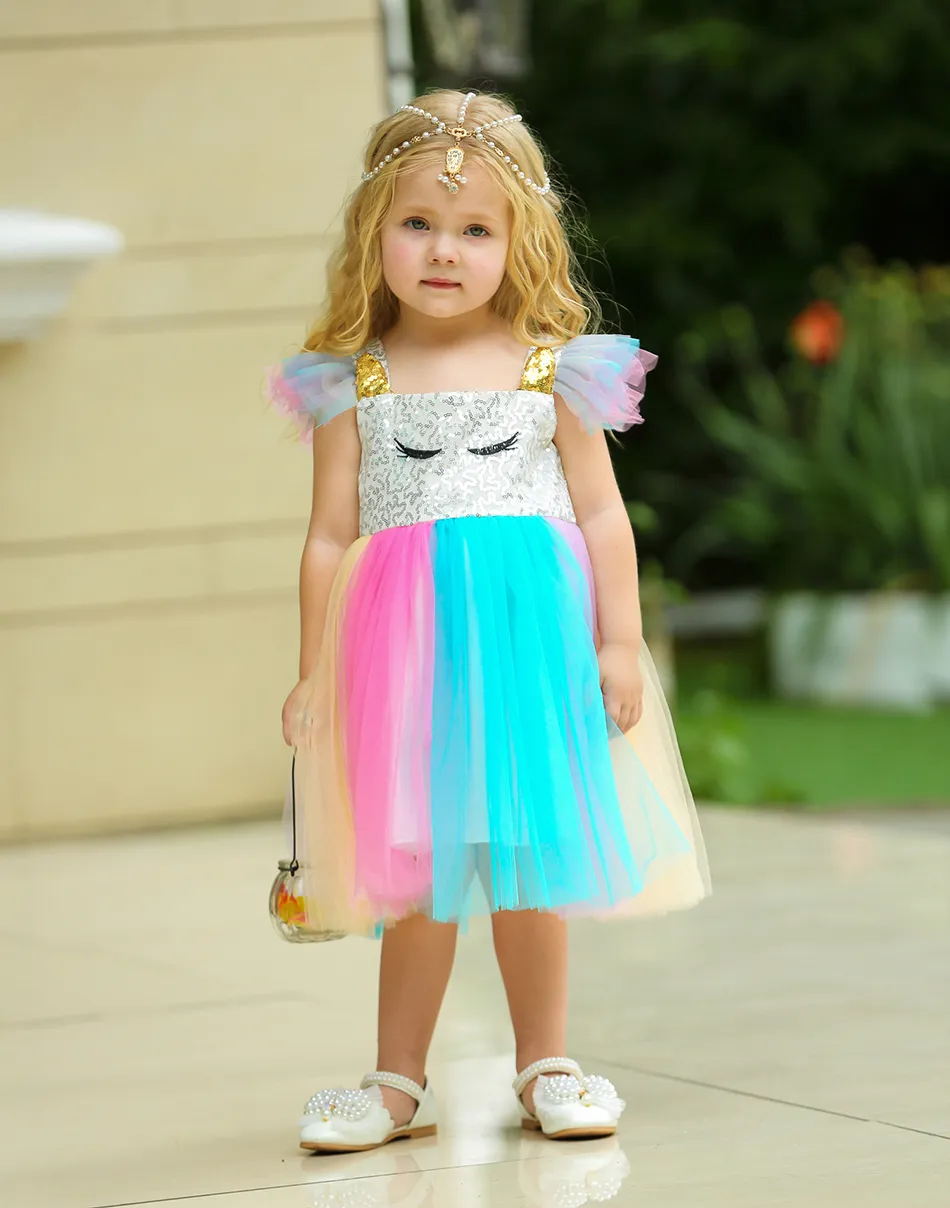 2 3 4 5 Cute Baby Girl Abiti estivi Moda Unicorno Tutu Dress Bambino Viola Rosa Blu Paillettes Kids Party Abiti Frock LJ200923