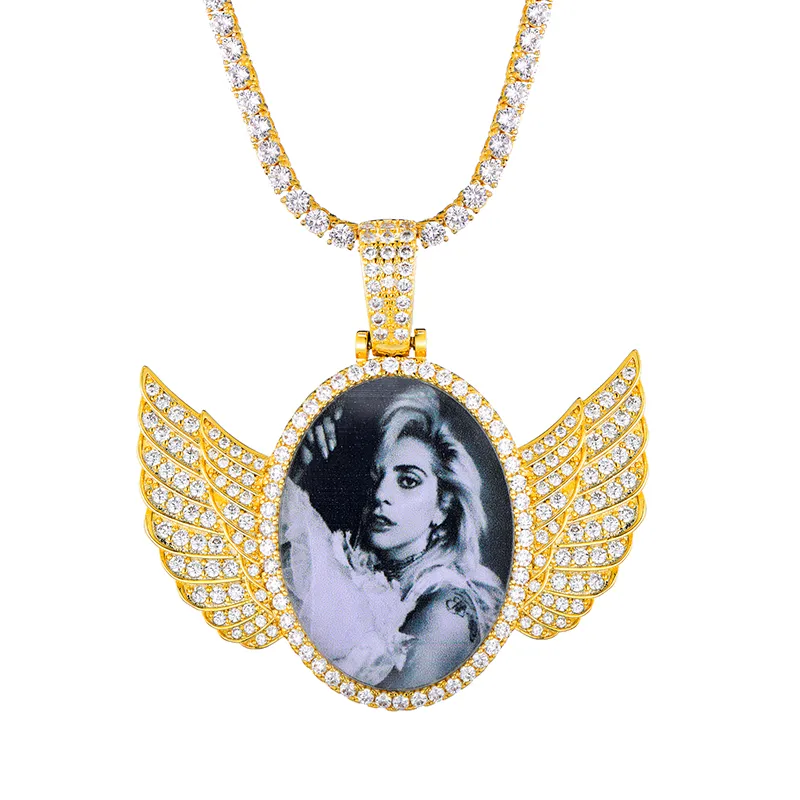 Argent or sur mesure Po avec ailes médaillons peut ouvrir pendentif collier cubique Zircon hommes Hiphop bijoux 284Y