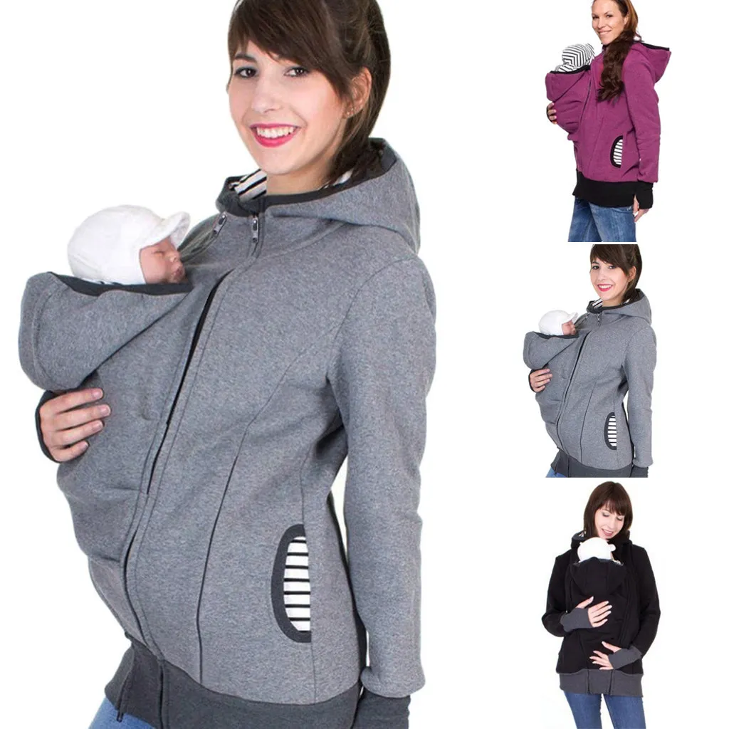 2020 Fashion Women Maternity Striped Baby Pouch Carrier Hoodie Zipper Pregnancy Coat Hoody Outerwear Carry Baby Pregnant Clothes LJ201123