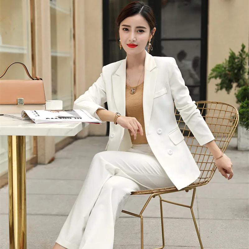 Высококачественные женские костюмы белые брюки костюм 2019 Осень и зимняя стройная двойная куртка Blazer Женская одежда T200818