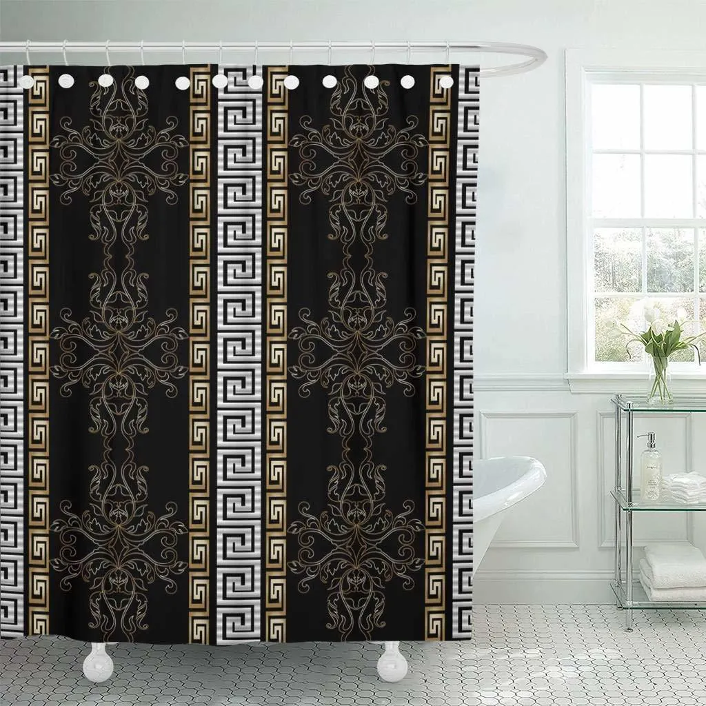 Fabric Shower Curtain Hooks Striped Baroque Antique Black Vintage Medieval Damask Flowers Scroll Leaves Gold T200102