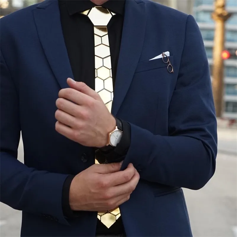 Wendespiegel-Krawatte, goldfarben und einseitig silberfarben, edle Sechsecke, Geschenk für Liebhaber, glänzende Acryl-Krawatten, schmales Krawattenklammer-Set 201027303E