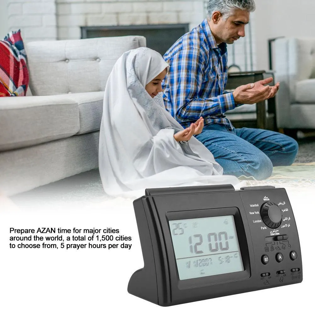 Светодиодный дисплей цифровой будильник автоматический исламский мусульманский молитвенный стол часы черный 201120