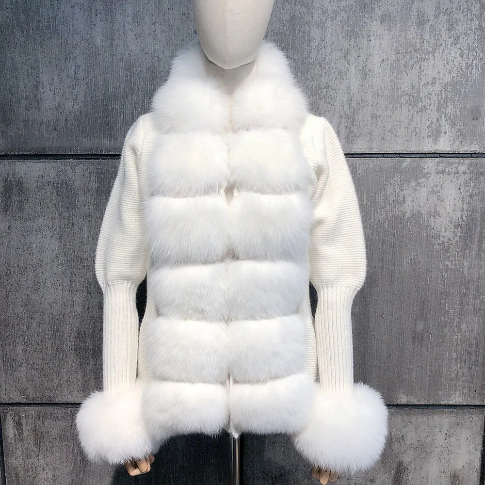 Yoloagain mode varma kvinnor bubbla ärmar äkta räv päls krage ull sweater cardigan jacka 201212