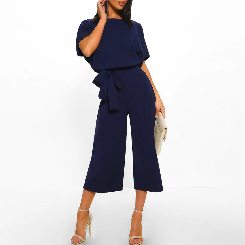 Office Wear Overalls For Women Elegant Brief Short Sleeve Playsuit High Street Straight Leg Jumpsuit With Belt Macacao#ssw T200107
