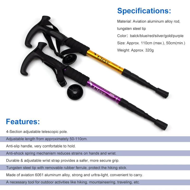 Anti Shock Trekking Pole Ultralight Walking Sticks Adjustable Hiking Canes Telescopic Crutch 4 Section Camping Tools 220301