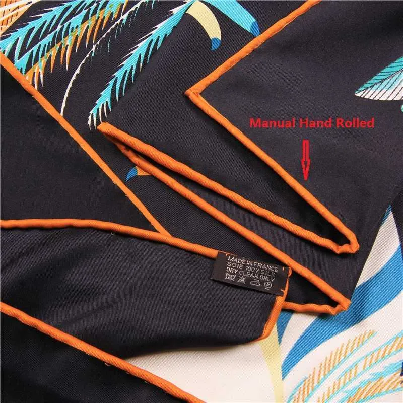 Lenço de seda de sarja enrolado à mão manual feminino tucano pássaro impressão lenços quadrados envolve echarpes foulards femme bandana hijab 90cm 2201067870860