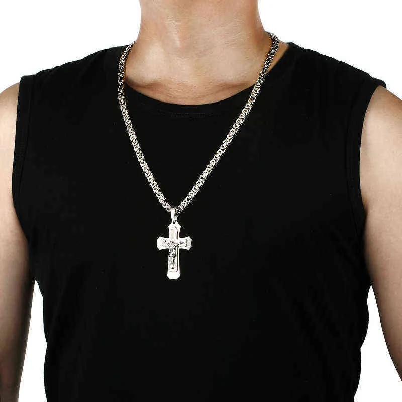 Bibeln Silver Färg Jesus Cross Hängen i rostfritt stål Halsband Bysantinska långkedjade halsband för män Smycken colar collier 220121