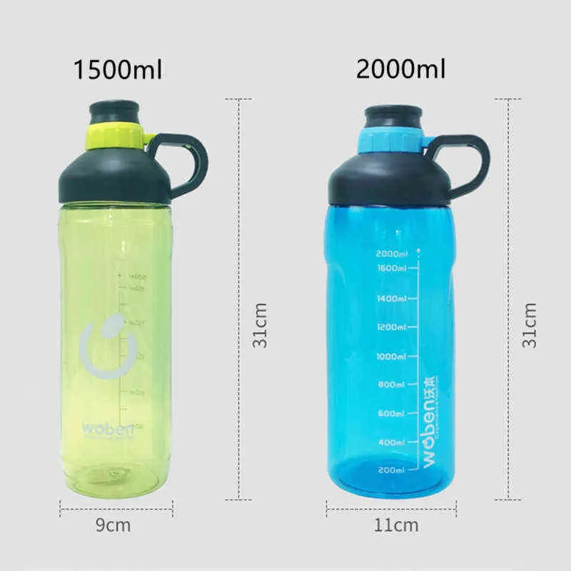 1500ml/2000ml Large Capacity Sports Water Bottles Leak-Proof Gym Fitness Sport Shaker Drink Bottles Camping Cycling Waterbottle Y1223