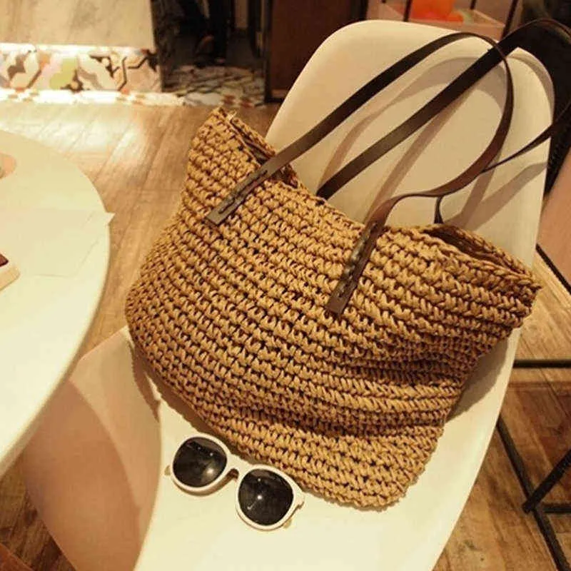 Bolsa Feminina Verão Praia Vintage Feita à Mão Palha Rattan Bolsas de Ombro Grandes Bolsa de Tecido Boho Bolsa Tote Bolso Playa G220210