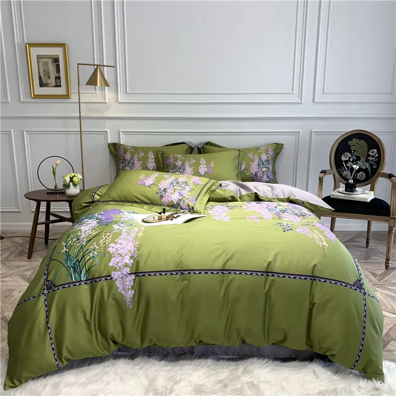 Green Cinza Floral Impresso Rico Cor Duveta Cobertura Set 600TC Egípcio Algodão Estilo Vintage Conjunto de Cama de Luxo Set Soft Cama Set T200706