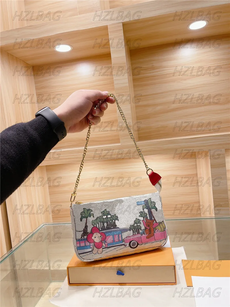 Pochette zippée polyvalente, petits sacs à bandoulière, fleurs de cerisier, flocon de neige, plage, motif de dessin animé, pochette, portefeuille, Mini sac à chaîne