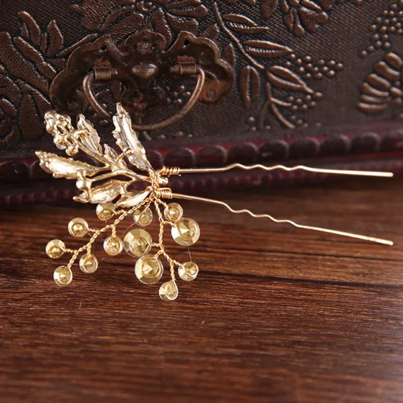 Lyxigt hårtillbehör för noiva vintage guldmetallblad med kristall på brudbröllop pins kvinnor fest smycken1194b