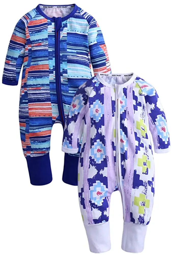 Spädbarnsbarn Rompers randiga fothandade pyjamasbädds blixtlås Romper Nyfödda babykläder3707964