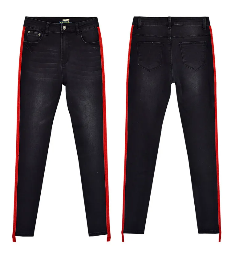 Mode rouge rayé taille haute jeans femme Sexy noir stretch maigre maman jeans femmes Streetwear Denim crayon pantalon 201030