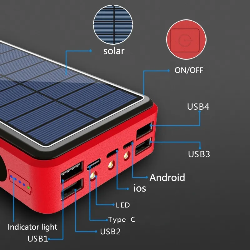 80000MAH Power Bank Solar Wireless Portable Phone Fast Charging Extern laddare 4 USB Poverbank LED -ljus för iPhone Xiaomi Mi FR5157238
