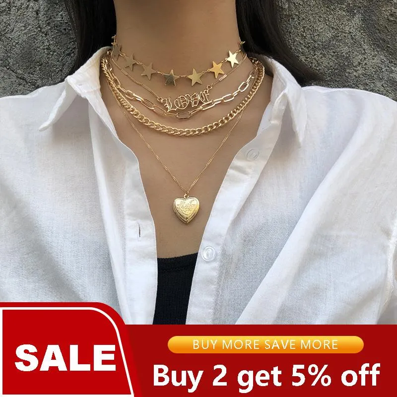 Youvanic vintage em camadas de ouro corrente medalhão coração pingente colar carta amor estrela gargantilha para mulheres moda jóias colar 26141292p