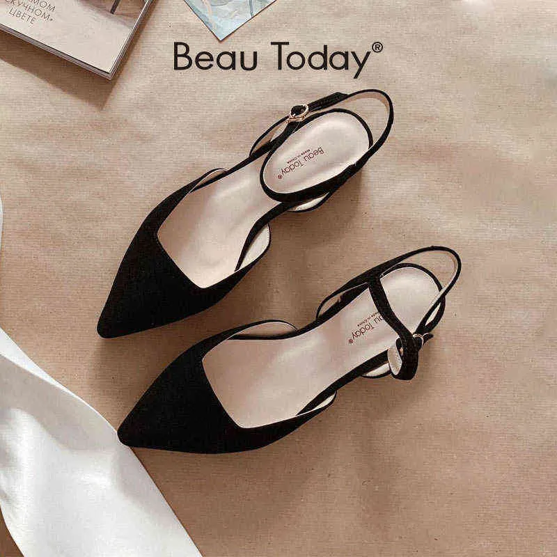 Sandals BeauToday kid Suede Women Genuine Leather Pointed Toe Flats Buckle Strap Elegant Ladies Summer Shoes Handmade 32094 220121
