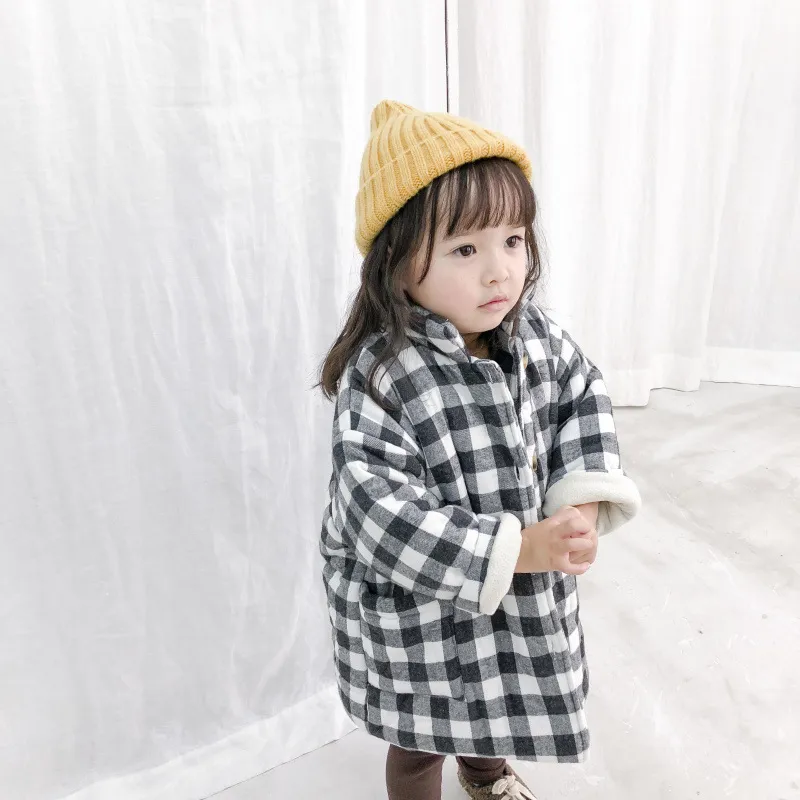 Winter cute girls warm thicken quilted plaid coats boys stand collar single-breasted fleece jackets outwear 201102