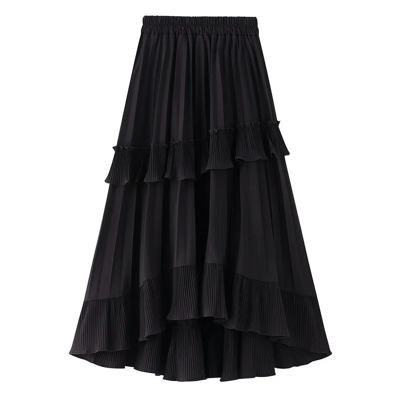 Black Beige Fashion Korean Ruffle Midi Long A-line Skirt Women Casual Spring Summer High Waist Irregular All-match Skirts Female 210331