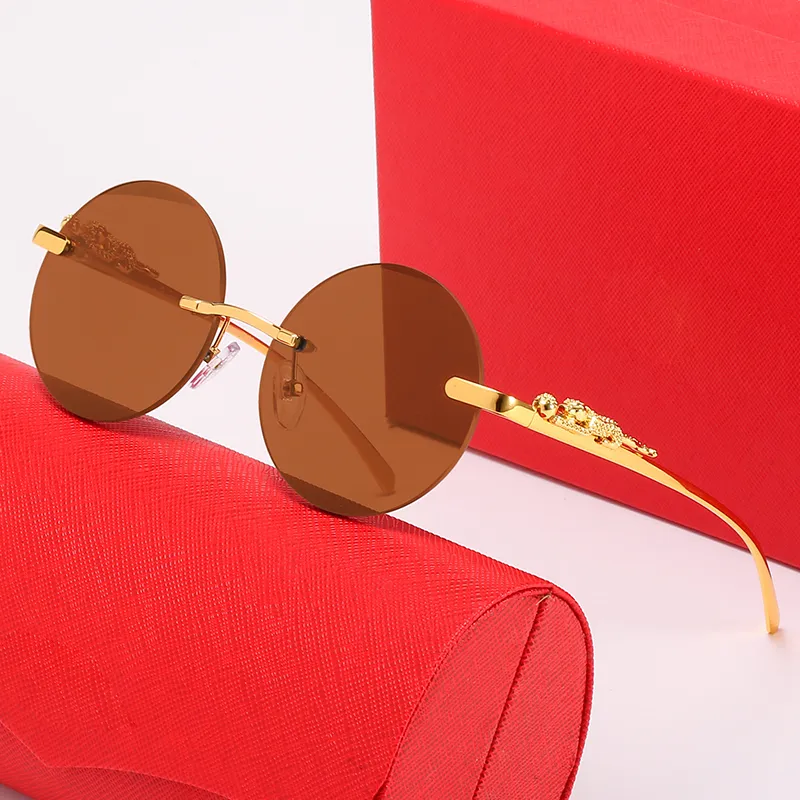 Runde Designer-Sonnenbrille für Frauen Gold Metall Panther Rahmen Markendesign Sonnenbrille Herren Schwarz Braun Transparente Linse Brille Eyegl213r
