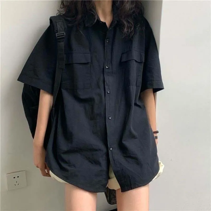 EBAIHUI Kurzarmhemd Damen Weiß Umlegekragen Basic Casual Teen Gril Student Oversize Lose Bluse 220210