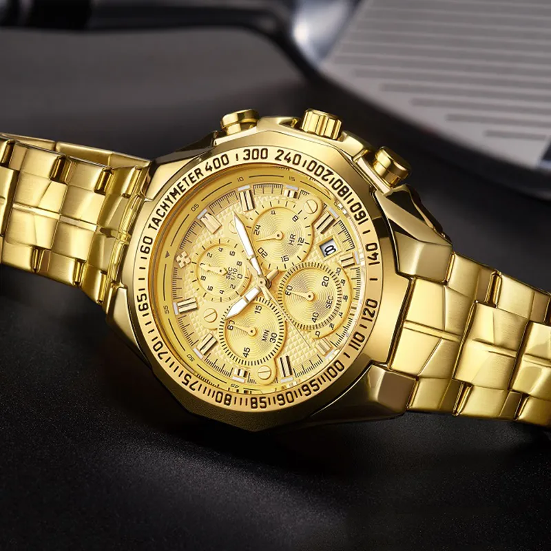 WWOOR Luxury Gold Mens Watch Top Brand Sport Big Watches For Men Waterproof Quartz Date Wristwatch Chronograph Male Reloj Hombre T263m