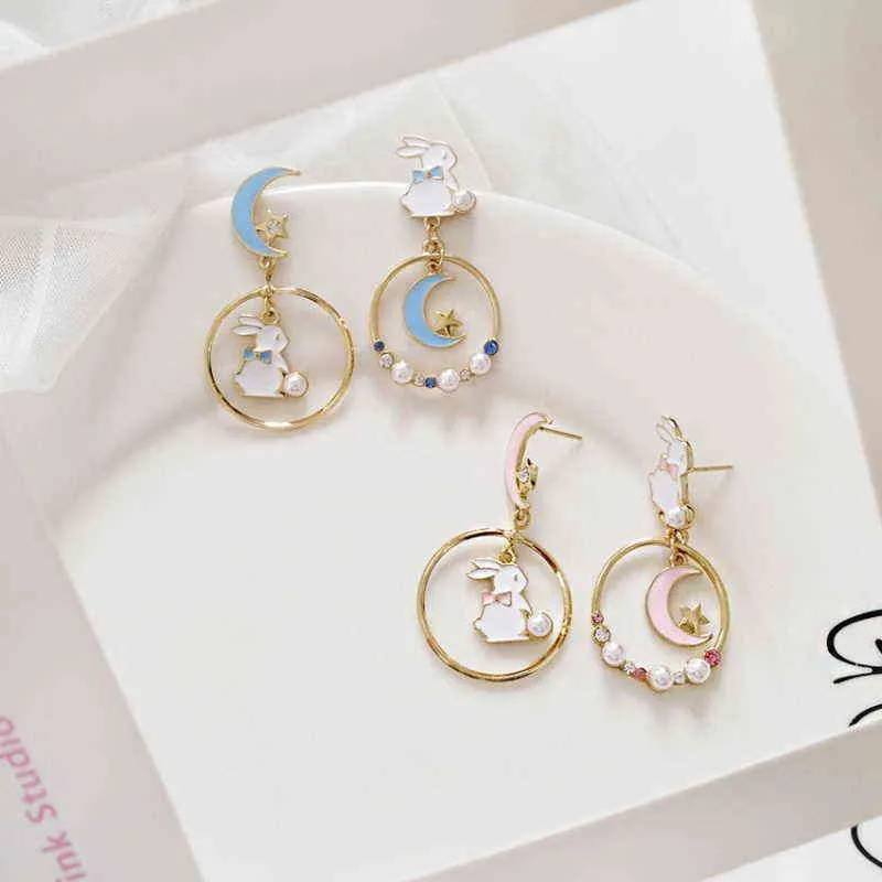 New Fashion Moon Stars Rabbit Dangle Earrings For Women Flower Kitten Fishbone Crystal Pearl Asymmetrical Earring Party Jewelry G220312
