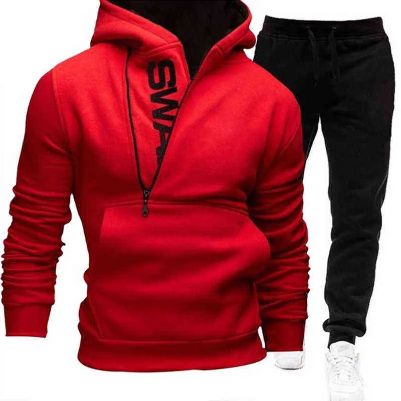 Men Tracksuit Casual Sets Zipper Sweatshirt Hooded+Sweatpants Print Sportswear Mens Clothes Solid Jogger Sport Suit 4XL 211230