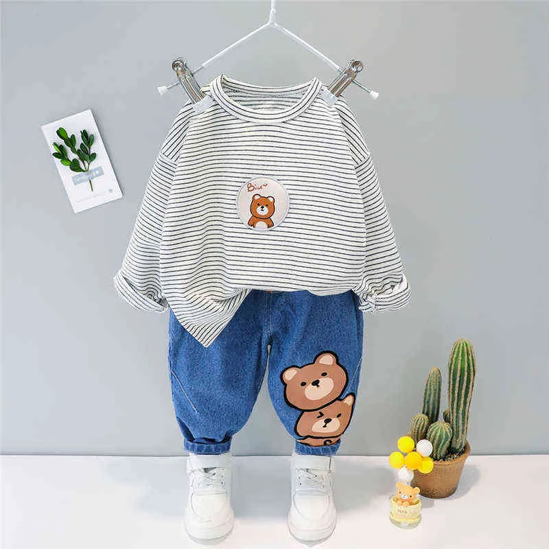 2021 Spring Autumn Baby Girls Boys Clothes Child Clothing Sets Stripe Bear T Shirt Jeans Toddler Infant Kids Casual Costume Y220310