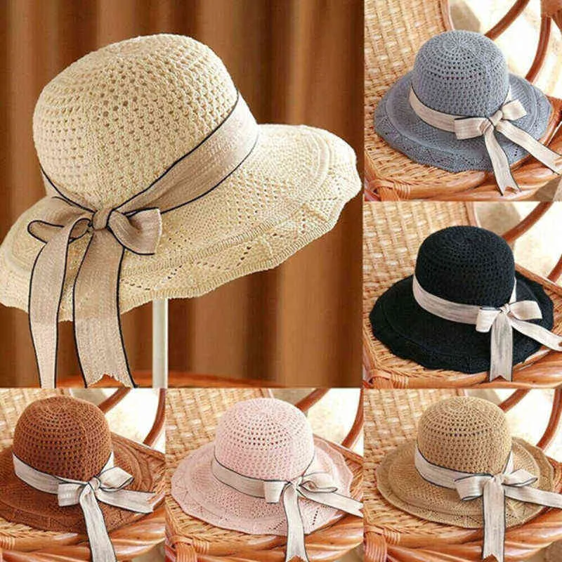Women Bucket Hat Sunscreen Bow Knot Knitted Hollow Out Ribbon Ladies Foldable Outdoor Beach Summer Retro Cap G220301