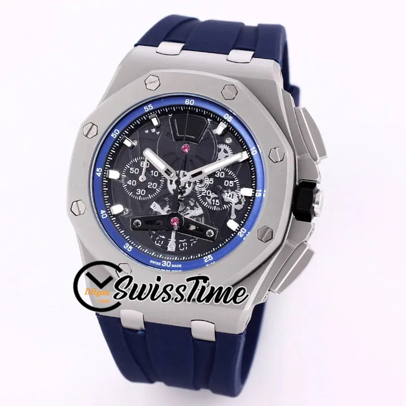 26407 Quartz Chronograph Mens Watch Blue Inner Skeleton Dial Stopwatch Titanium Steel Case Blue Rubber Luxury Watches 2022 SwissTi266H