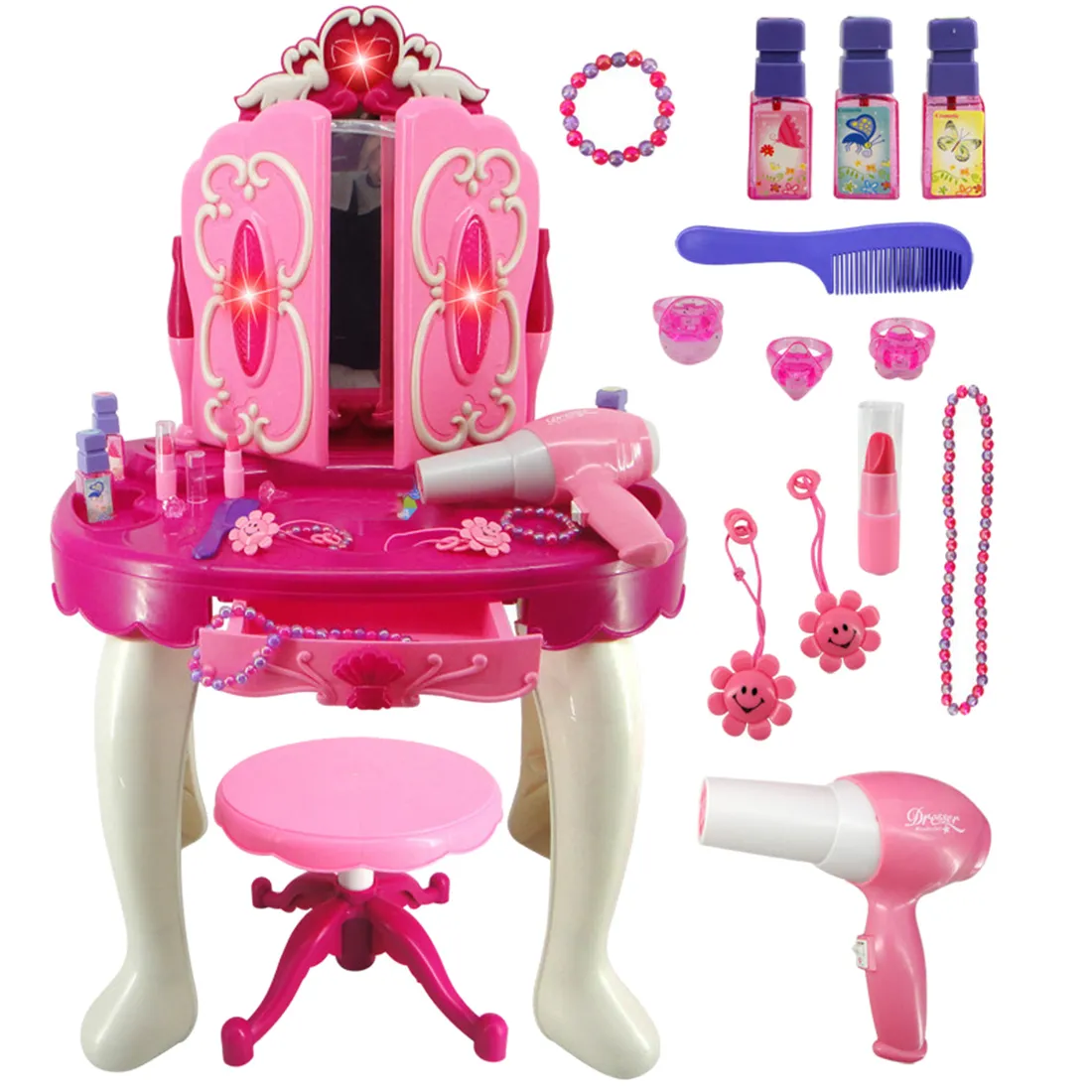 Filles Simulation Sèche-cheveux Maquillage Beauté Jouets avec lumière et son Pretend Dresser Playset Gift Girls 'Toy LJ201009
